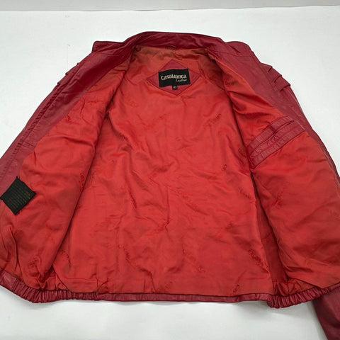 Vintage 80s Casablanca Red Leather Padded Shoulder Bomber Jacket Sz 42