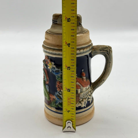 Vintage Ceramic Beer Stein Table Lighter Relief Scene German Style 6 Inch