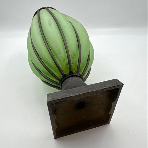 Vintage Green Satin Glass Caged Metal Frame Pedestal Vase 18 Inch Large