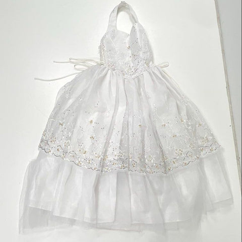 Vintage Y2K Girls White Halter Tiered Sequin Flower Girl Formal Dress USA Sz 7
