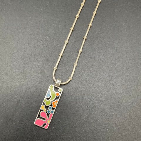 Brighton Silver Tone Colorful Enamel Abstract Floral Rectangle Pendant Necklace