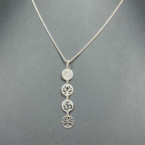 Sterling Silver Lotus Yin Yang Om Tree of Life Dangle Pendant Necklace 5.16g