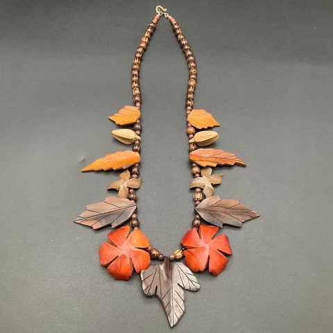 Vintage Style Carved Wood Necklace and Earrings Set Autumn Leaf Flower Jewelry