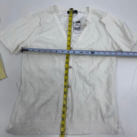 Wanko Women's Cardigan Sweaters Yellow White Lace Back Flower Buttons NWT Sz F