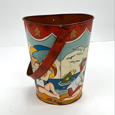 Vintage Litho Tin Sand Pail and Shovel Set Children Beach Scene Toy 1950s