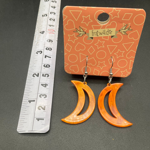 Erstwilder Resin Crescent Moon Drop Earrings Lot of 2 Pairs Amber Orange Marbled