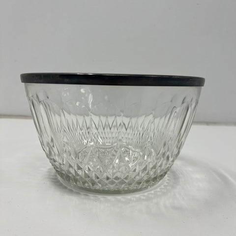Vintage Mid-Century Cut Glass Salad Bowl Silver Plate Rim Starburst 8.5"