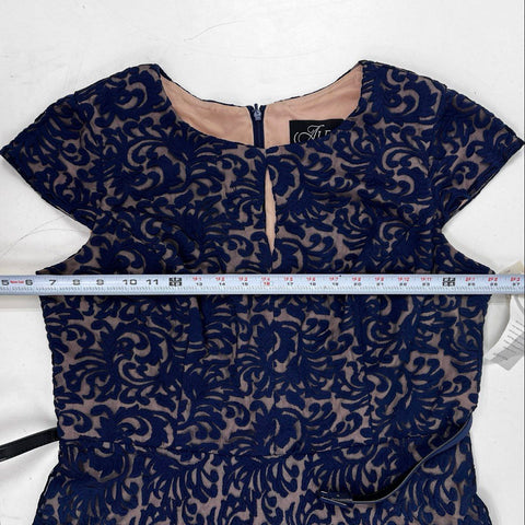 Alex Evenings Women's Navy Blue Gown Embroidered Lace Keyhole Belted Sz 16 NWT