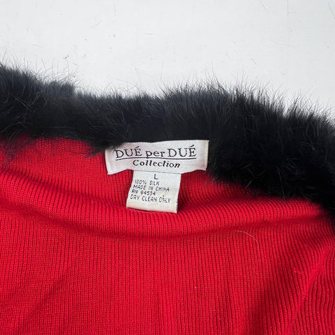 Due per Due Women's Red 100% Silk Cardigan Black Fur Trim Vintage Sz L