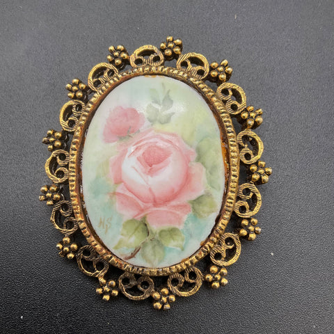 Vintage Hand Painted Floral Porcelain Brooches Gold Tone Filigree Pins Lot of 2