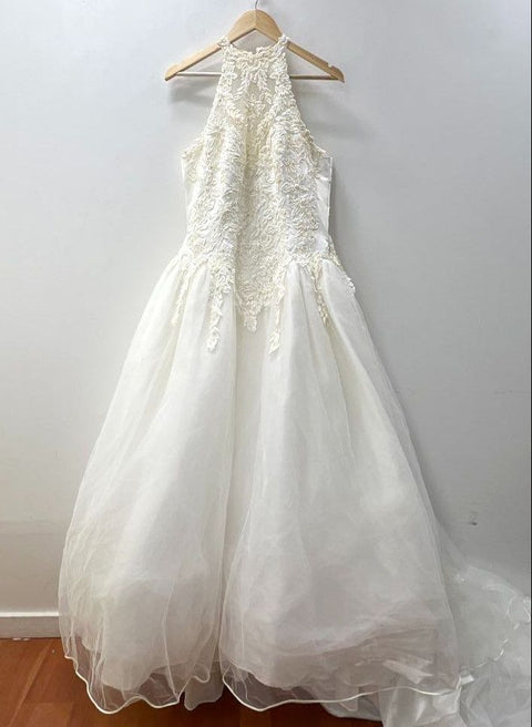 Vintage Y2K Women's White High Neck Halter Lace Beaded Wedding Dress Gown Sz 16
