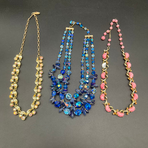 Vintage Jewelry Lot 3 Coro Pink Thermoset Blue Crystal AB Rhinestone Necklaces