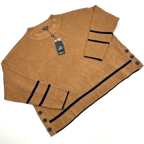 Adrianna Papell Women's Camel Striped Crew Neck Side Button Sweater Sz XL NWT