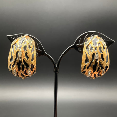 Vintage St. John Signed Gold Tone Black Enamel Animal Print Clip-On Earrings