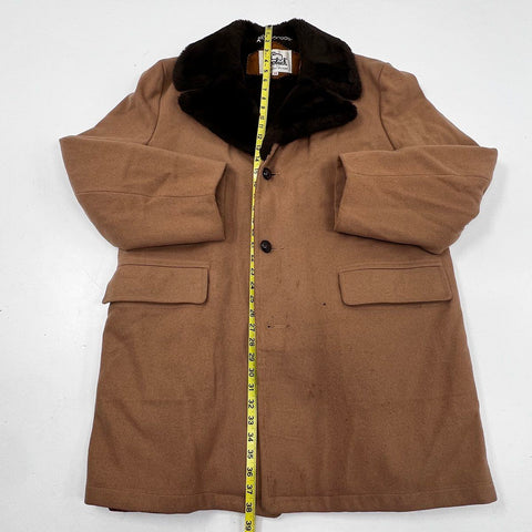 Vintage 70s Woolrich Faux Fur Lined Tan Wool Rancher Car Coat Jacket Sz 44