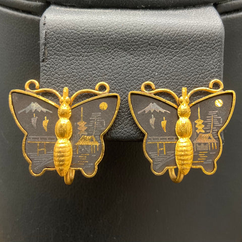 Vintage Japanese Damascene Butterfly Necklace & Earrings Set 24K Gold Inlay