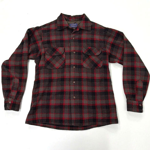 Vintage Pendleton Men's Red Gray Plaid 100% Virgin Wool Flannel Shirt Sz M