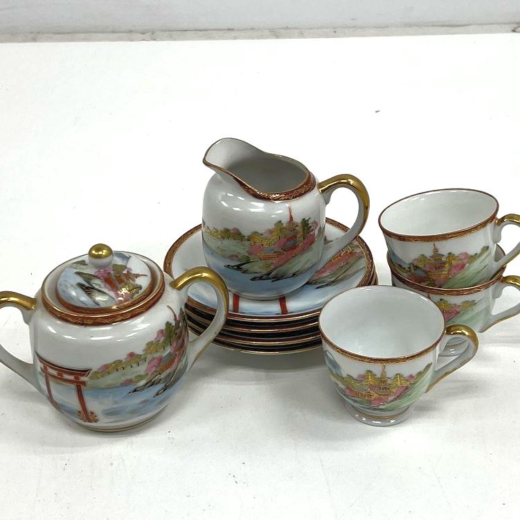 Vintage Kutani Japanese Porcelain Tea Set Hand Painted Gold Gilt 8 pc
