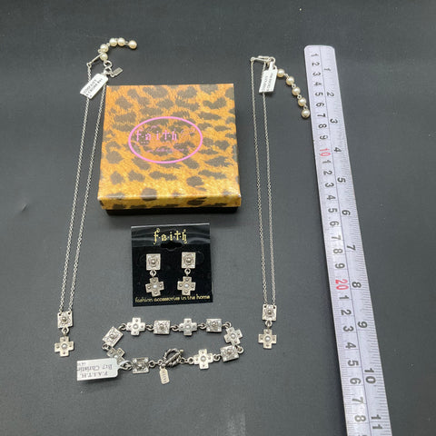 F.A.I.T.H. Silver Tone Faux Pearl Rhinestone Cross Jewelry Lot 4 Pieces NWT