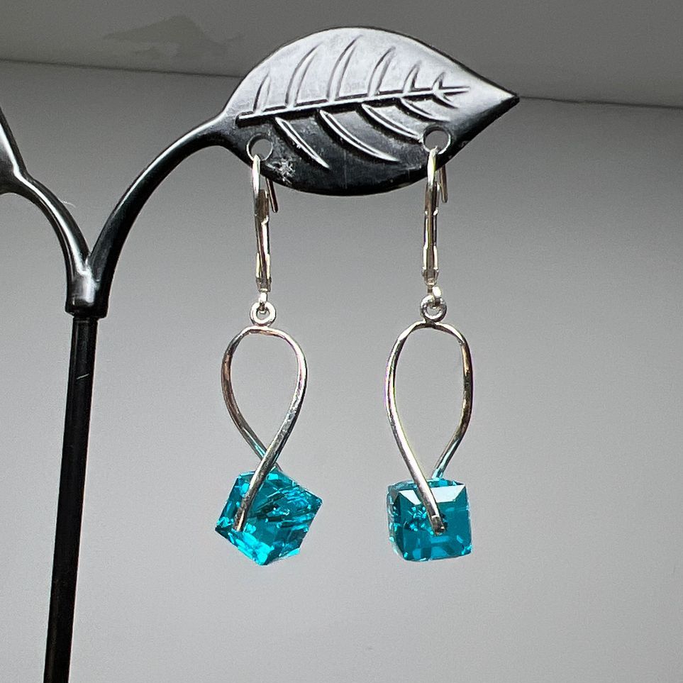 Sterling Silver Turquoise Glass Crystal Cube Bead Earrings
