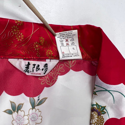 Vintage 90s Juguemm Women's Kimono Robe Red Geisha Pagoda Graphic Japan Sz 42