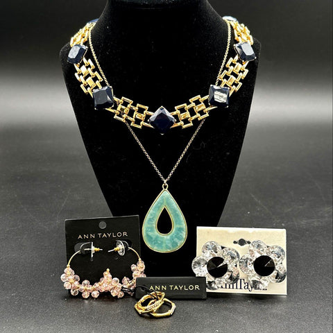 Ann Taylor Jewelry Lot 5pc Necklaces Earrings Bamboo Stackable Rings Size 6