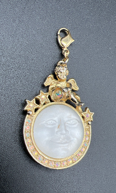 Kirks Folly Seaview Moon Cherub Pendant Charm Gold Tone AB Rhinestone Vintage