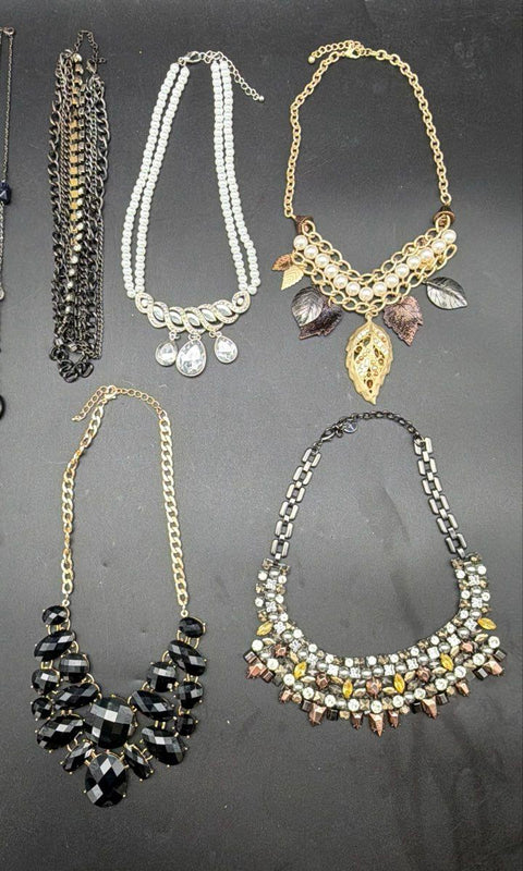 Mixed Costume Jewelry Necklace Lot of 9 Statement Bib Beaded Gold Silver Tone