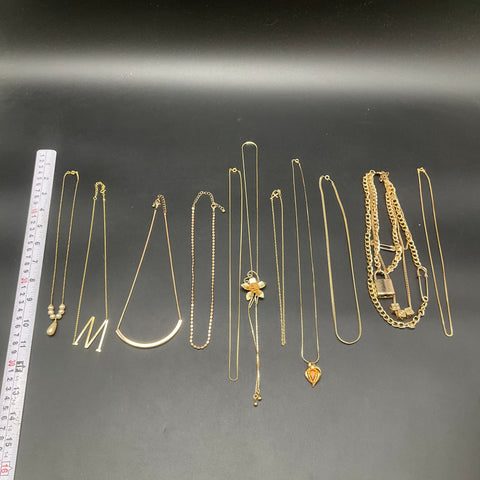 Gold Tone Fashion Necklace Jewelry Lot 11pc Initial M Flower Heart Padlock