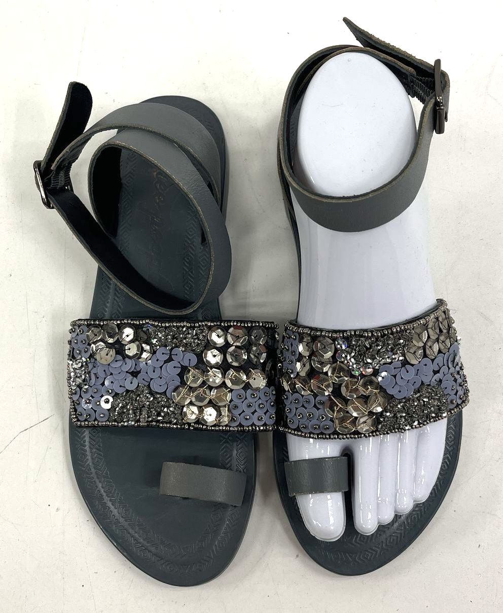 Free People Grey Beaded Sequin Ankle Strap Toe Loop Flat Sandals Size EU 37 US 7