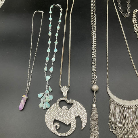 Fashion Jewelry Lot 12 Necklaces Statement Pendant Rhinestone Tassel Silver Tone