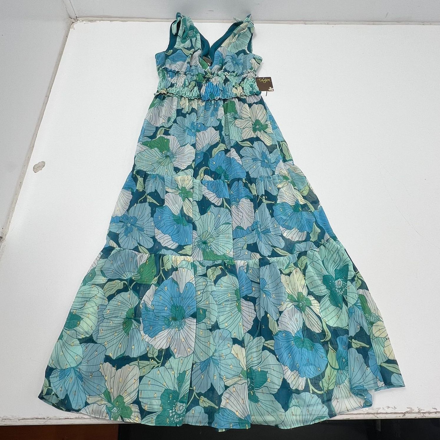 Taylor Blue Green Floral Metallic Smocked Tiered Maxi Dress Size 2 NWT