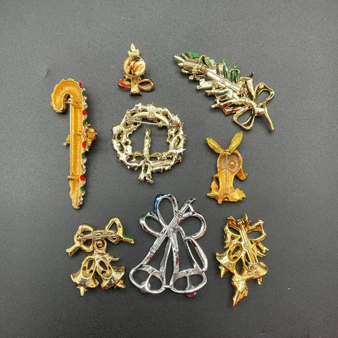 Vintage Enameled Rhinestone Christmas Holiday Brooch Pin Jewelry Lot of 8