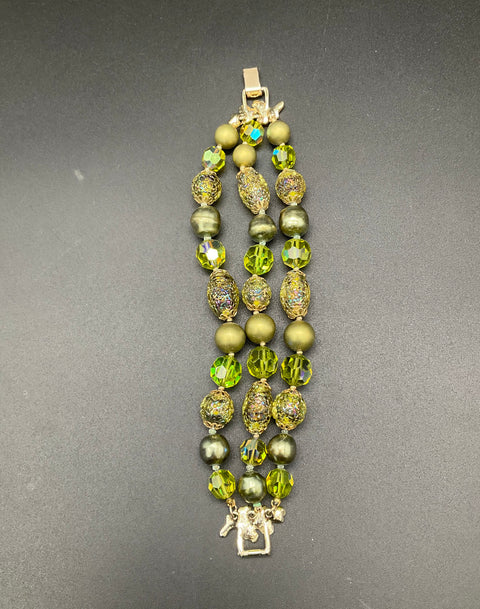 Vintage Vendome Green AB Crystal Glass Bead Demi Parure Bracelet Earring Set