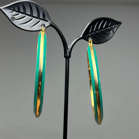 Vince Camuto Signed Gold Tone Green Enamel Large Hoop Earrings 2" 21.3g