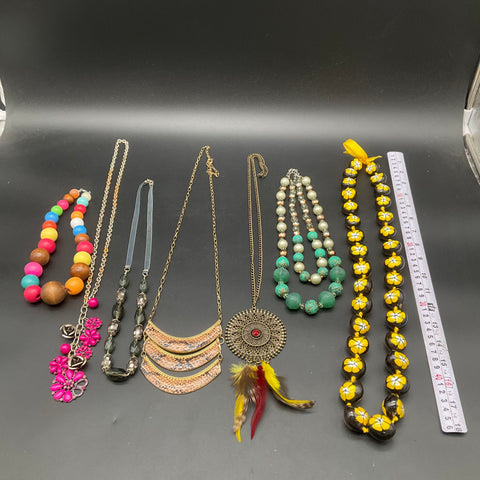 Boho Eclectic Necklace Lot 6pc Beaded Bib Filigree Feather Tribal Hawaiian Style
