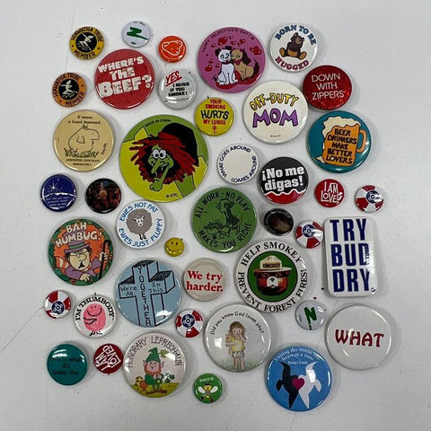 Vintage Pinback Button Lot of 48 1980s 90s Pop Culture Humor Advertising Pins