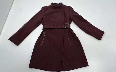 Kenneth Cole Women's Burgundy Softshell Asymmetrical Zip Belted Trench Coat Sz S