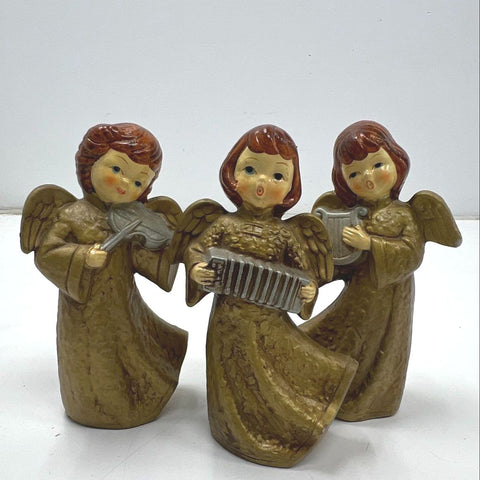 Vintage Choir Angel Figurines Set 3 Musical Gold TAIWAN 6.5" Mid-Century