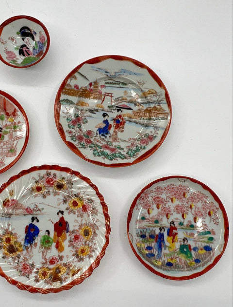 Vintage Japanese Hand Painted Geisha Porcelain Dish Lot 7pc Landscape Japan