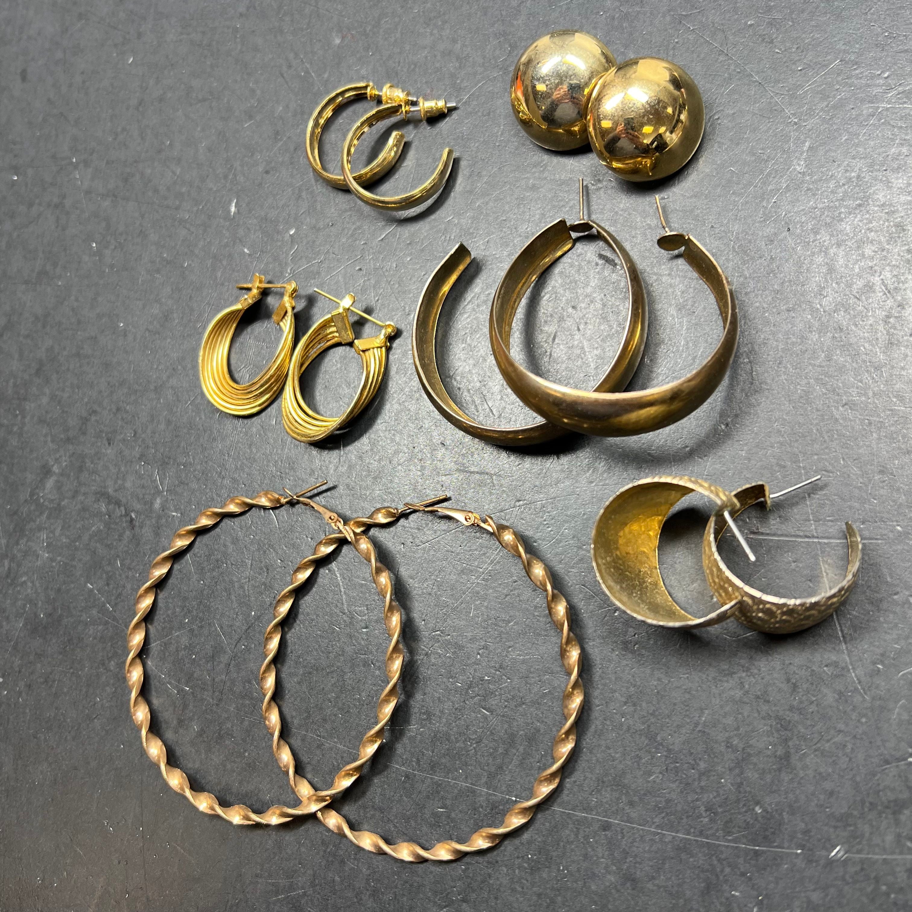 Lot of 6 Gold Tone Earrings Pierced Hoops