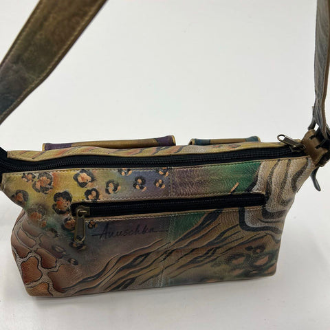 Anuschka Hand Painted Leather Shoulder Bag Peacock Animal Print Gold Hardware