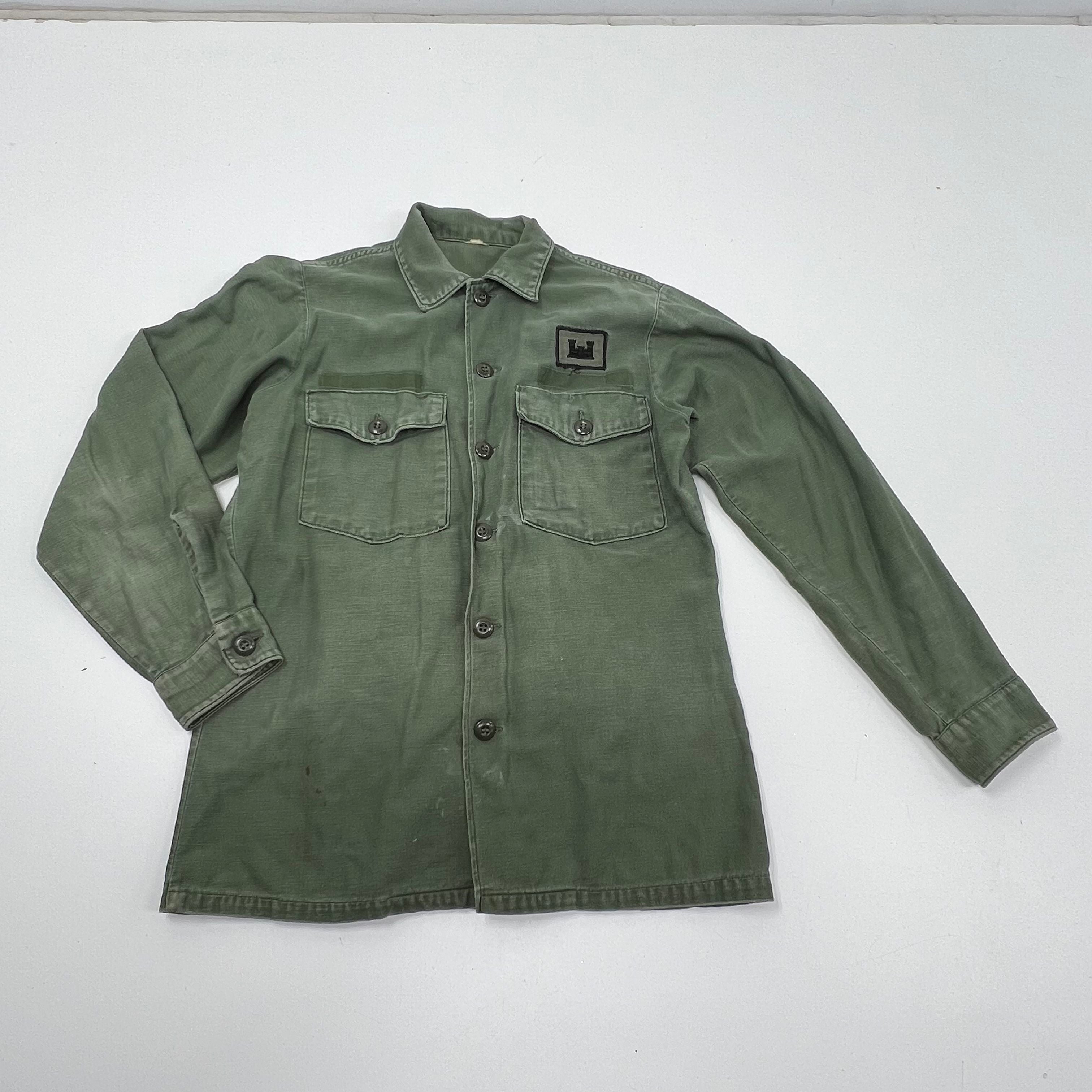 Vintage 60s US Army OD Green OG-107 Cotton Sateen Field Shirt Jacket Mens S
