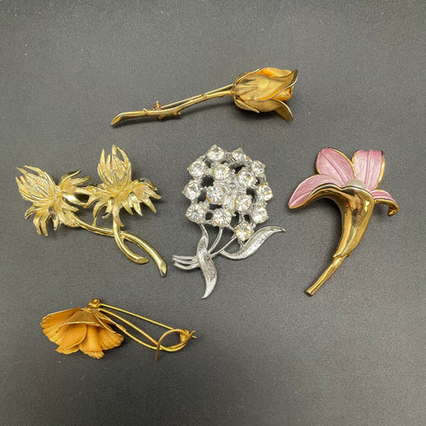 Vintage Floral Costume Jewelry Brooch Lot of 5 Gold Silver Tone Rhinestone