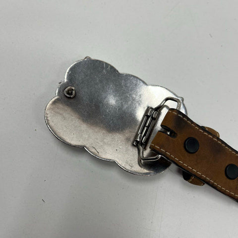 Nocona Brown Western Leather Crossed Guns Revolver Floral Buckle Belt Womens 26