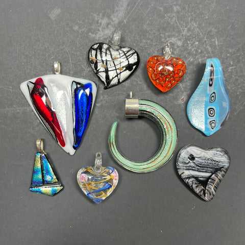Lot of 7 Art Glass Pendants Abstract Shapes Multicolor Hearts
