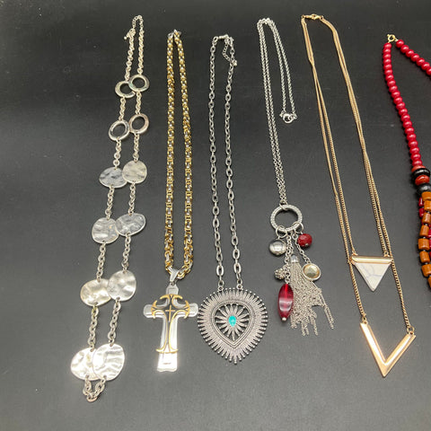 Boho Southwestern Costume Jewelry Lot 7 Necklaces Beaded Cross Heart Tassel