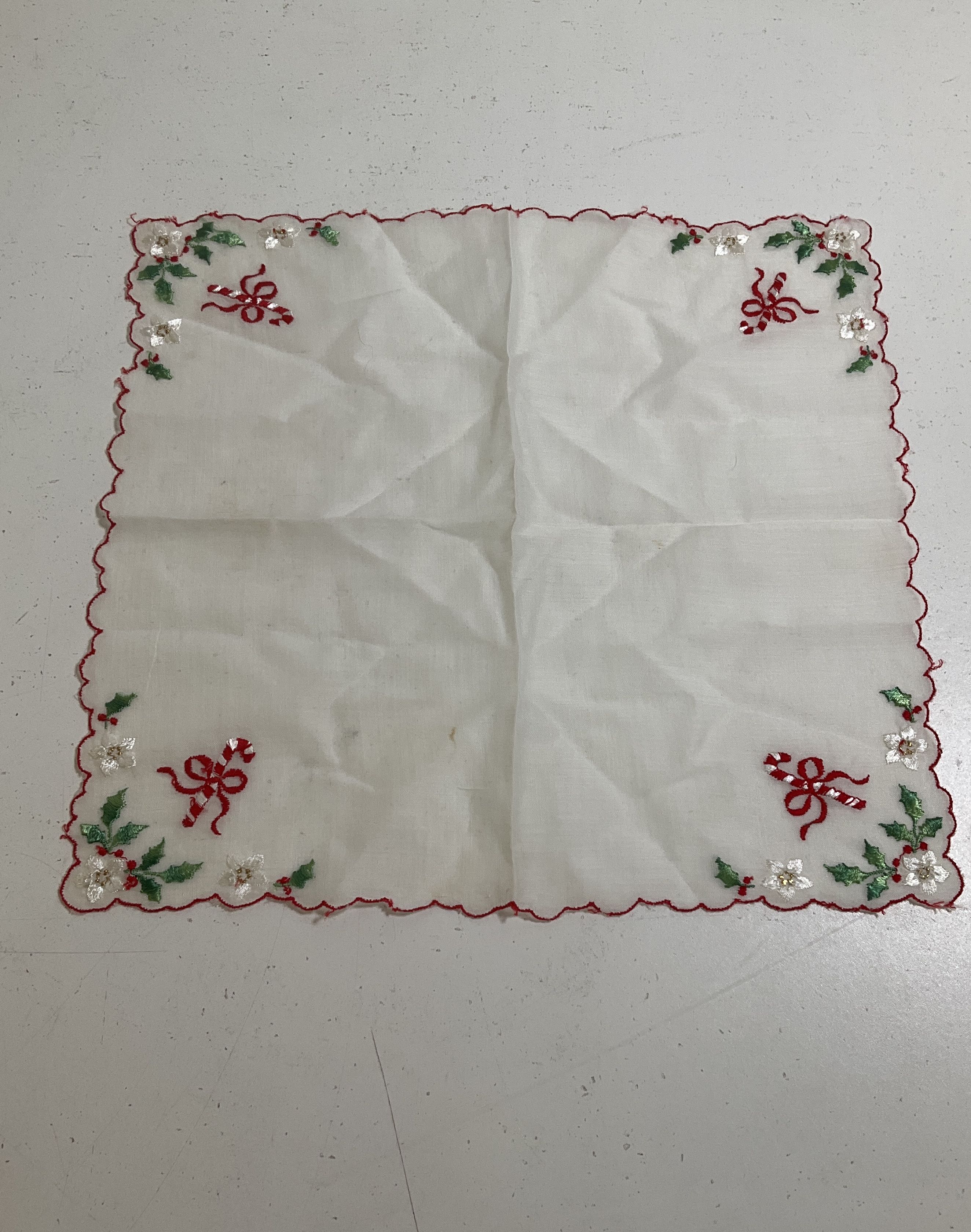 Vintage Handkerchief Lot 6 Embroidered Lace Edge Christmas Hankies Mixed Styles
