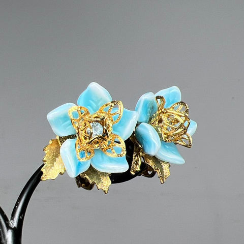 Vintage Corocraft Blue Flower Gold Tone Clip Earring & Brooch Pin Lot Signed