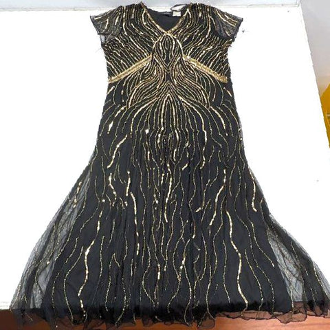 Ashro Black Gold Beaded Sequin Art Deco Flapper Style Gown Dress Size 16W